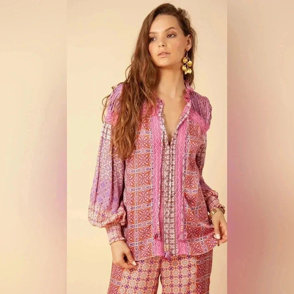 Hale Bob Los Angeles Adelaide Crochet Trim Pink Boho Pattern Blouse Size Small - Picture 1 of 15